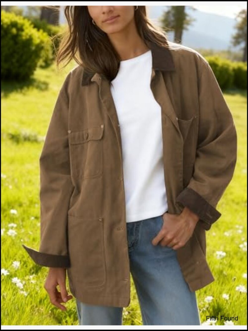 Oversized Utility Cotton Jacket with Pockets Corduroy Collar Workwear - Picture 4 of 7